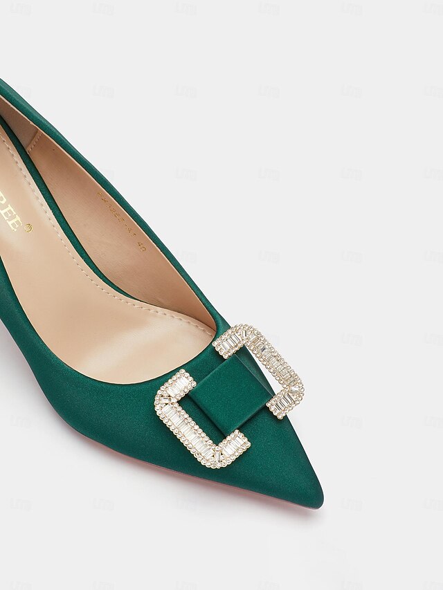 Women: with Rhinestone Green Buckle Pumps Satin for Elegant