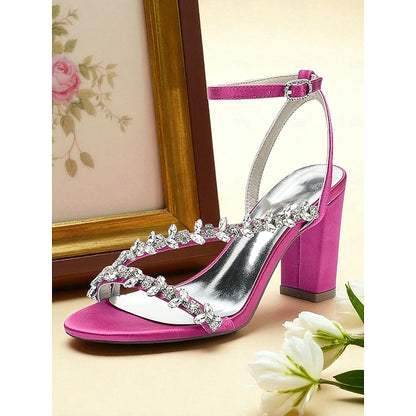 Heel Sandals Block Straps Women's - Rhinestone White with