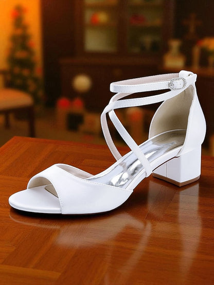 Elegant Block Sandals Women's - Ankle Heel Strap Satin with
