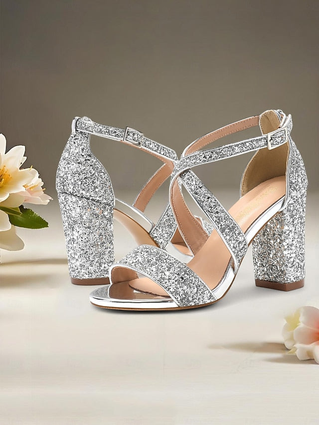 Glitter Women's Block Gold Sandals Heel