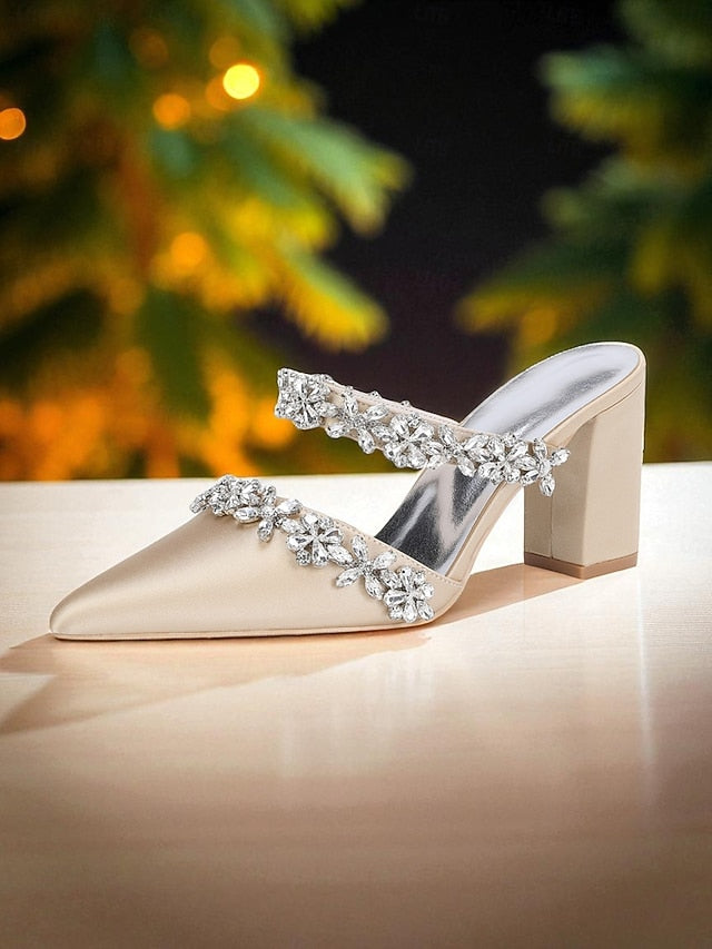 Heel Block Mules with Black Satin Floral Rhinestone Women's