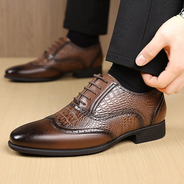 Crocodile Faux – Brown Oxford Pattern Leather Men's Shoes