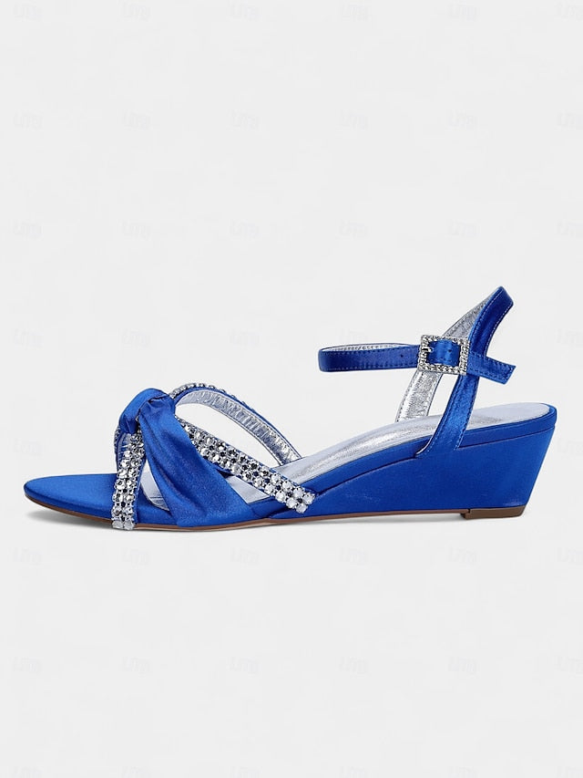 - Satin Green Rhinestone Wedge Sandals Knot Women's