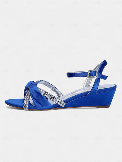 - Satin Green Rhinestone Wedge Sandals Knot Women's