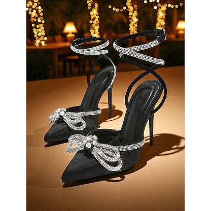 Rhinestone with Satin Heels Women's and Black Bow Stiletto