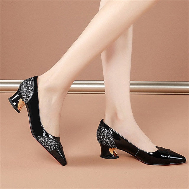 Block Women's Faux Heels Leather Patent Glitter-Accented