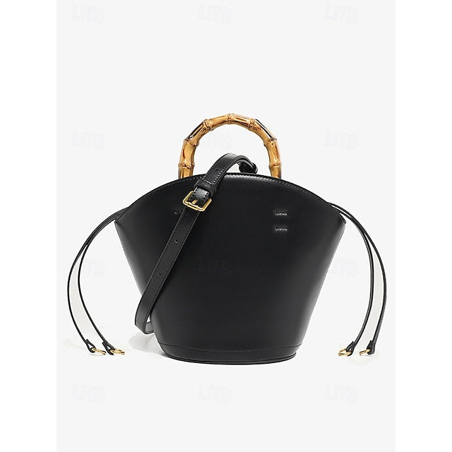 Bucket Bag Bamboo Handle Leather Brown Women's with