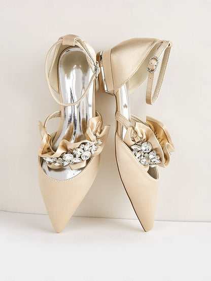 Satin Pointed-Toe with Women's Black Rhinestone Flats