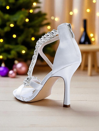 - Heel Strappy Sandals White Rhinestone Women's High