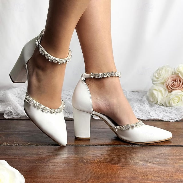 Shoes Heel Women's – Pointed Toe White Wedding with Block