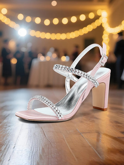 Heel Prom White Bridal – Rhinestone Sandals Women's Block