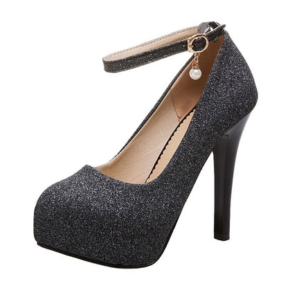 Stiletto Silver Heels Glitter Ankle Women's Platform with
