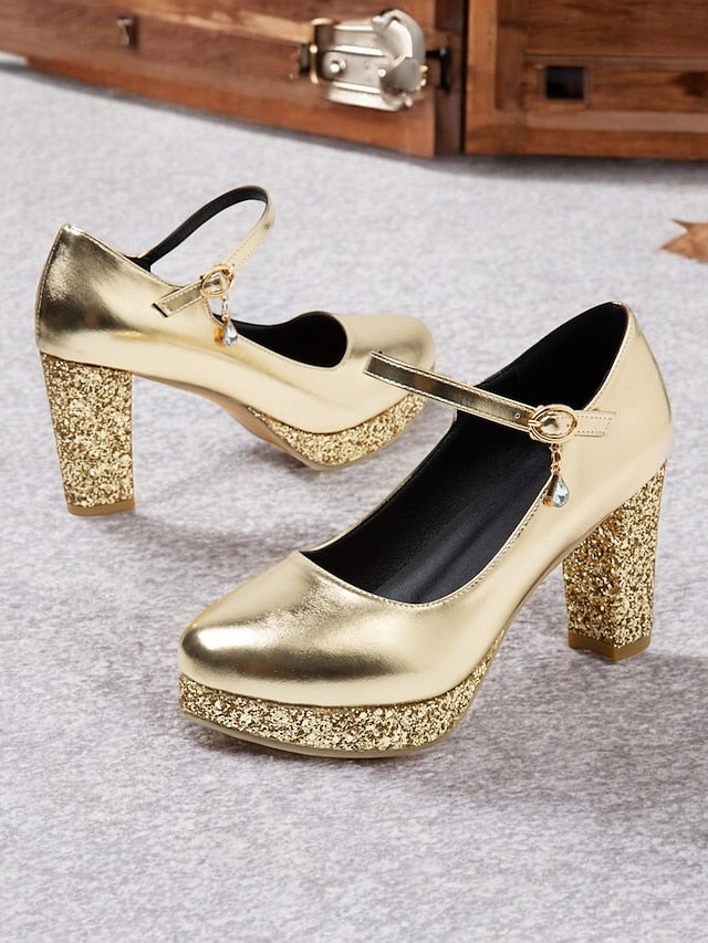Pumps Glitter Heel Sparkly Jane Mary Block – Women's Gold