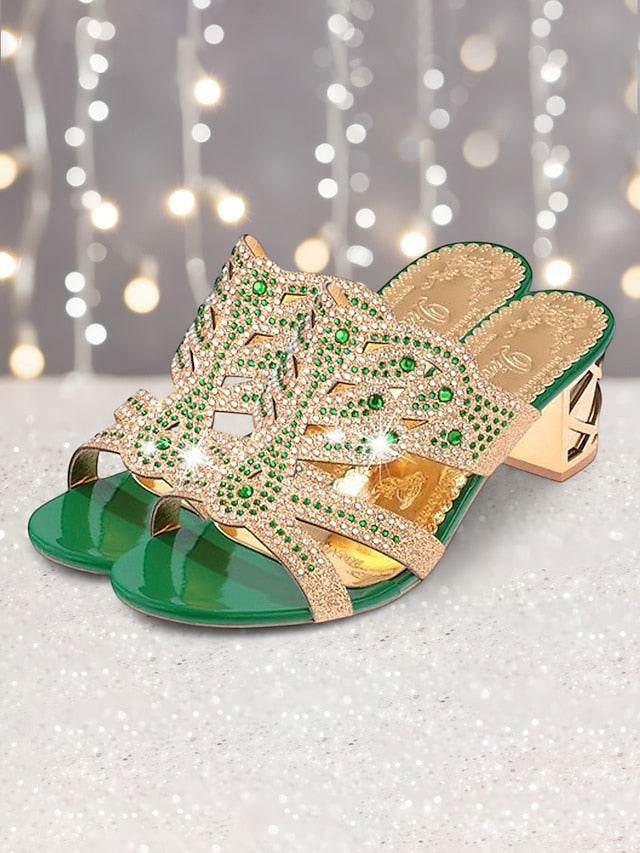 Heeled Embellished and Rhinestone - Green Sandals Gold