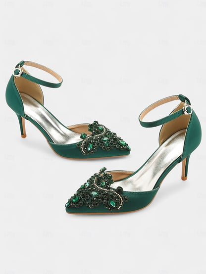 Ankle Satin Pointed – Heels Emerald Green Women's Strap