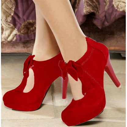 Women's Bow High Pumps Vintage Red Heel Platform Suede –