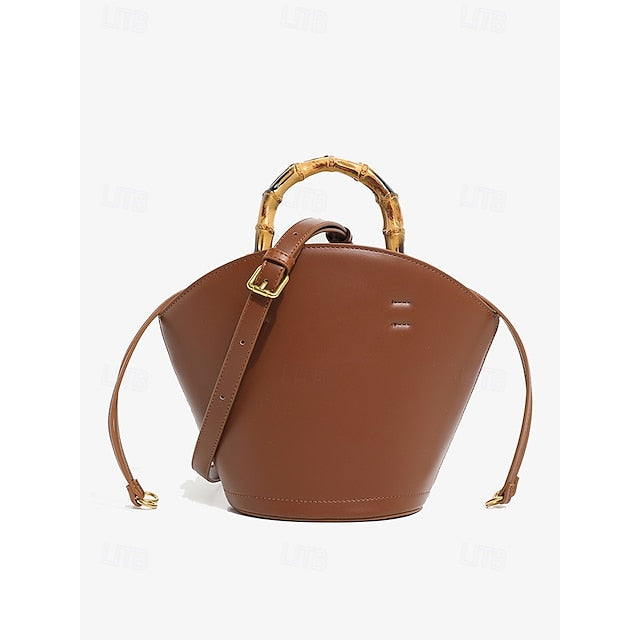 Bamboo with Leather Bag Handle Women's Bucket Brown
