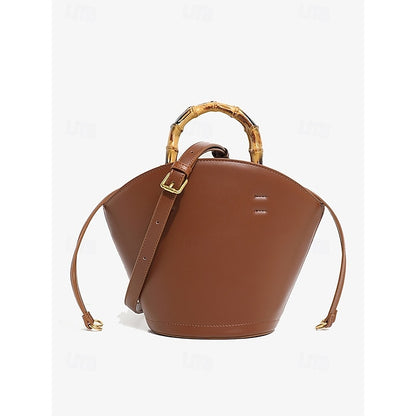 Brown Bamboo Leather Bucket Bag Handle with Women's