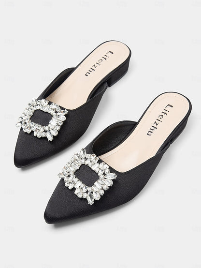 Black with Satin Women's Pointed-Toe Mules Rhinestone