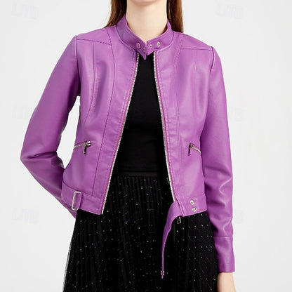 Women's Jacket Zipper Leather Faux Pocket Comfortable