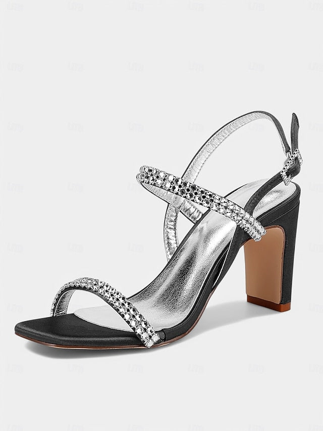 Heel Prom White Bridal – Rhinestone Sandals Women's Block