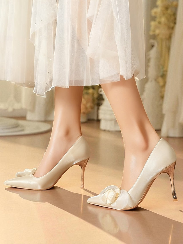Satin Women's Floral Elegant - Ivory Heels Wedding Pointed