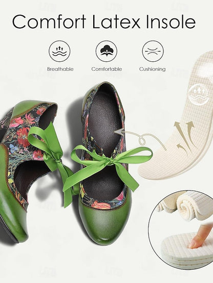 Leather Heels with Green Print Women's Jane Mary Floral