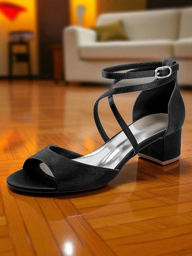 Elegant Block Sandals Women's - Ankle Heel Strap Satin with