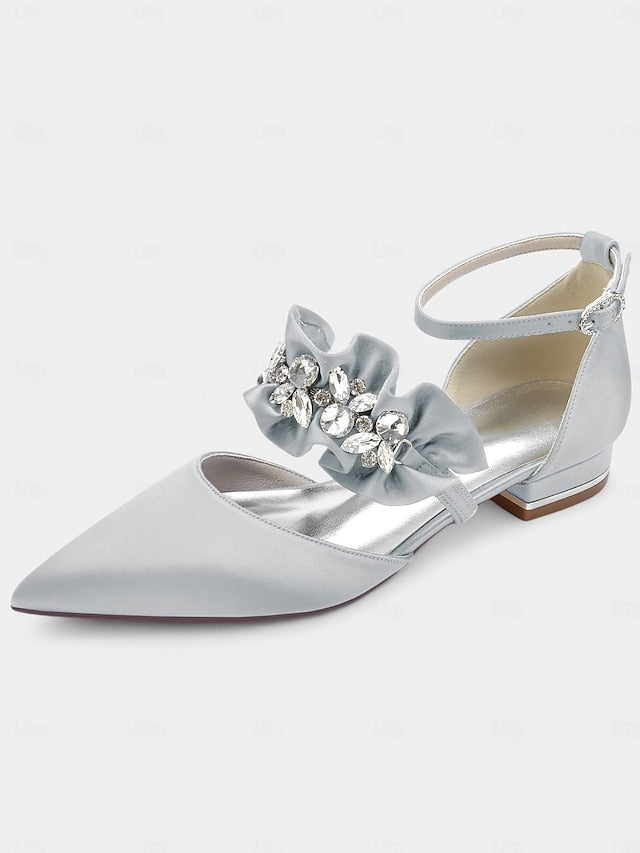 Satin Pointed-Toe with Women's Black Rhinestone Flats