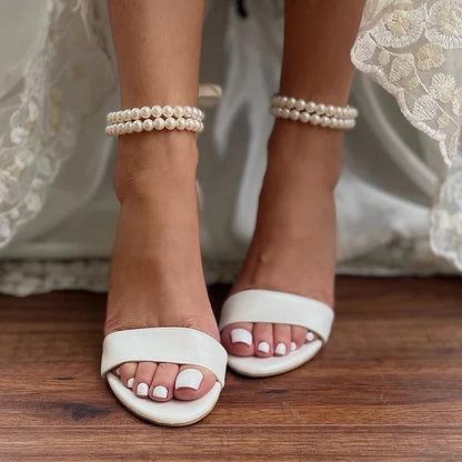 Wedding Anklet and Heels - Sandals Pearl with White Satin Block