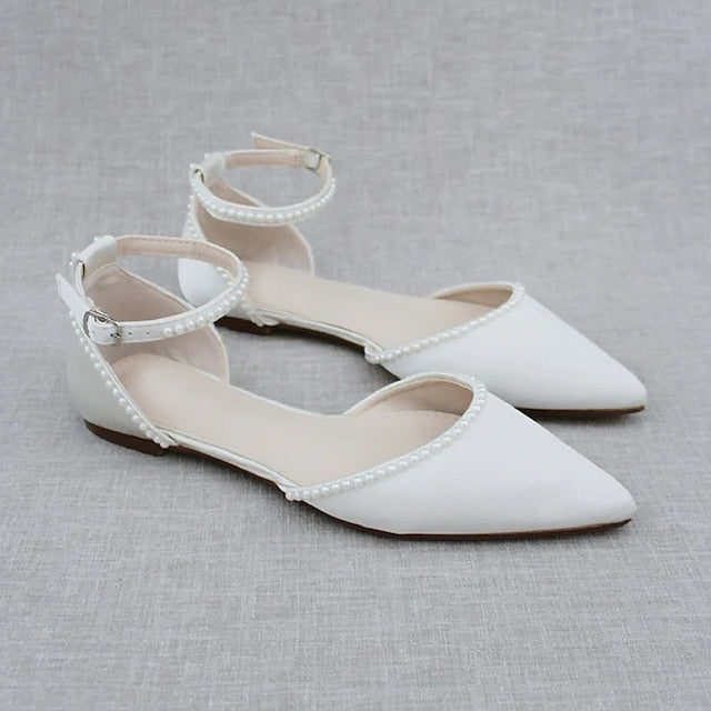 Shoes Women's Flat with Toe Pearl-Embellished White Pointed