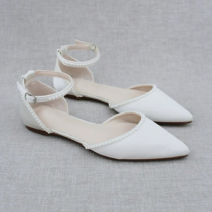 Shoes Women's Flat with Toe Pearl-Embellished White Pointed