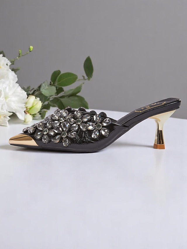 Mules Pointed-Toe Embellished – Black Rhinestone Women's