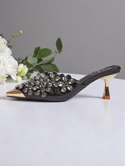 Mules Pointed-Toe Embellished – Black Rhinestone Women's
