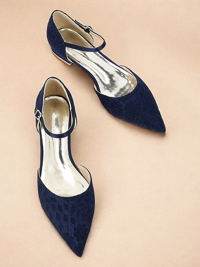 Women's Flats with Pointed Ankle Strap Blue Lace Navy and