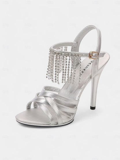 Rhinestone Sandals Leather Patent Stiletto Women's with Red