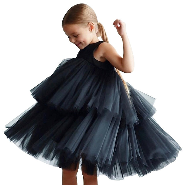 Mesh Party Sleeveless Dress Color Kids Wedding Girls' Solid