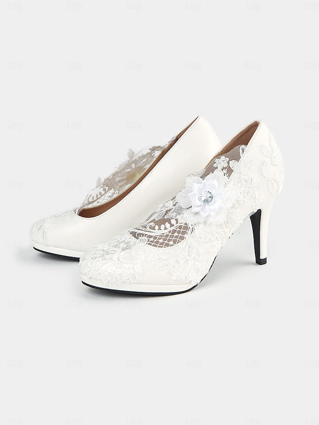 Lace Bridal White with Heel High – Floral Embellishments Shoes