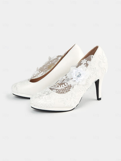 Lace Bridal White with Heel High – Floral Embellishments Shoes