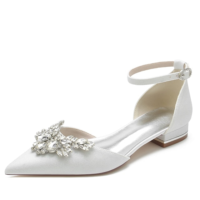 with – Design Floral White Women's Rhinestone Satin Flats