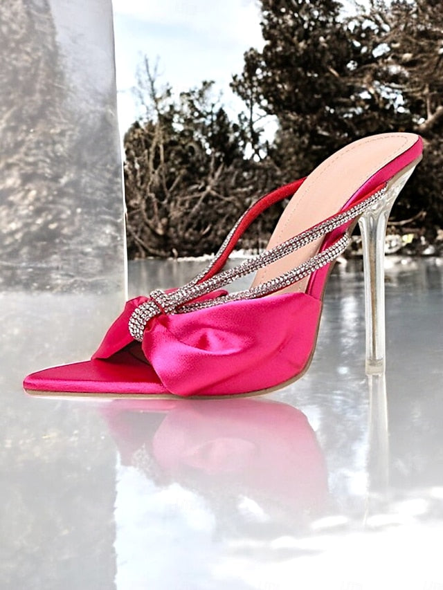 Satin Pink Hot Heeled – Rhinestone Sandals Women's Bow