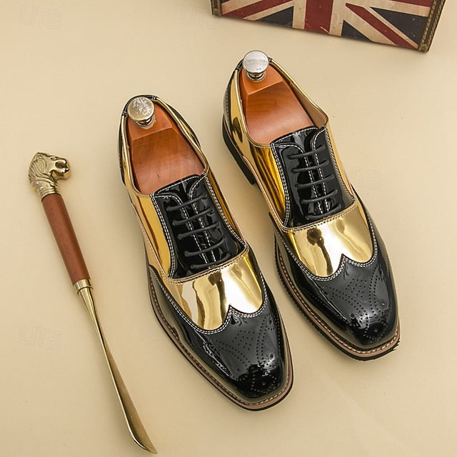Gold Oxford Men's Patent Shoes Black with and Leather