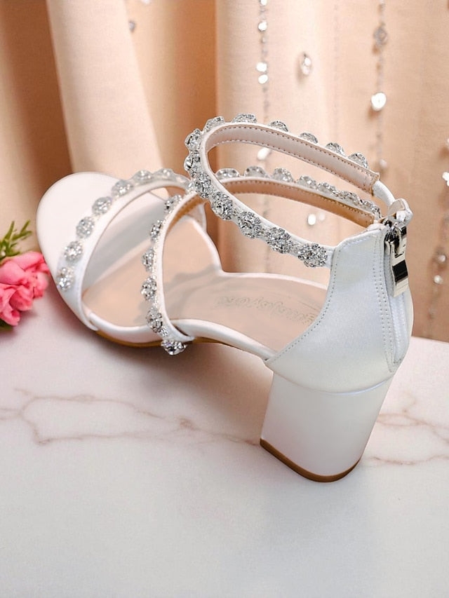 Heel Open Elegant Women's White Block Sandals - Rhinestone
