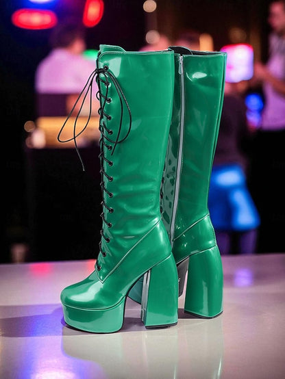 Silver Knee - Boots Platform Women's Metallic High Lace-Up