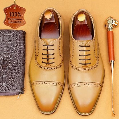 with Leather Men's Light Genuine Brown Oxford Shoes Wingtip