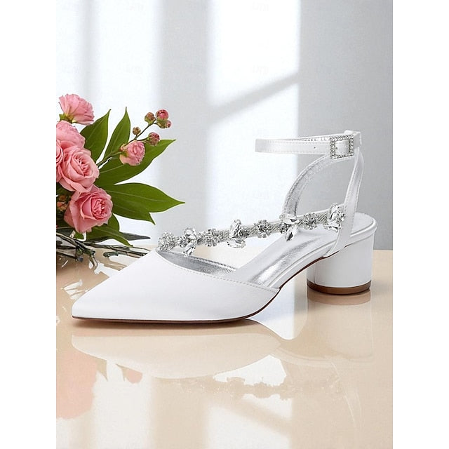 Satin Rhinestone Purple Women's Block with Heel Pumps