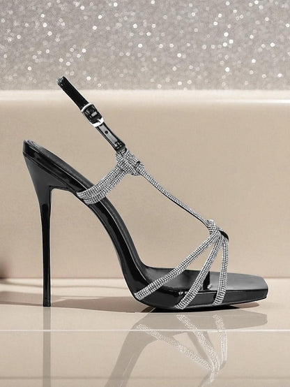 Toe with Square Heels Stiletto Strappy Women's Rhinestone