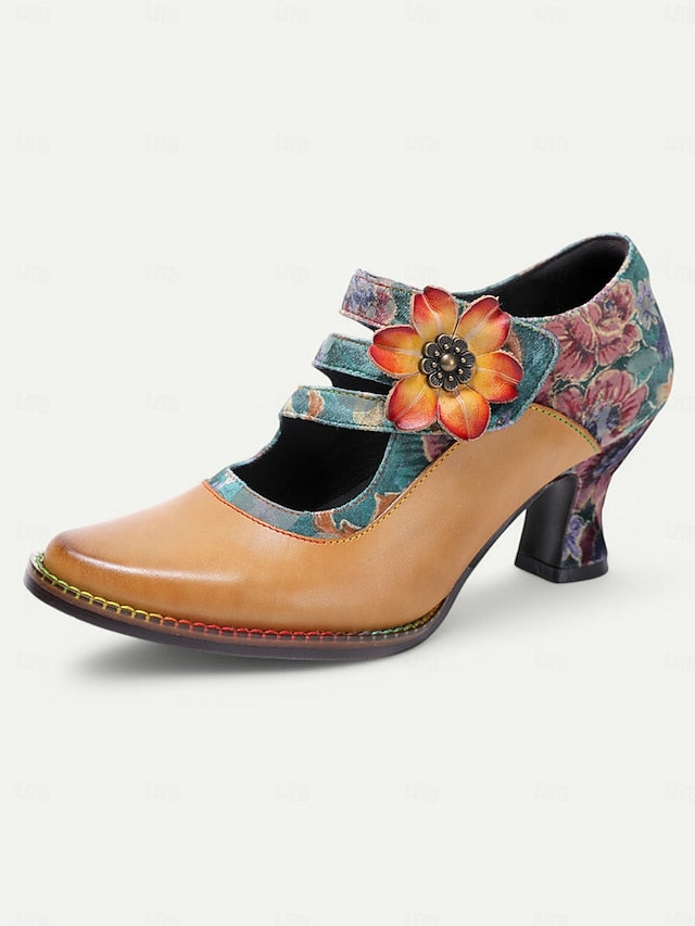 Mary Jane Women's Vintage Heels 1930s Floral Leather –