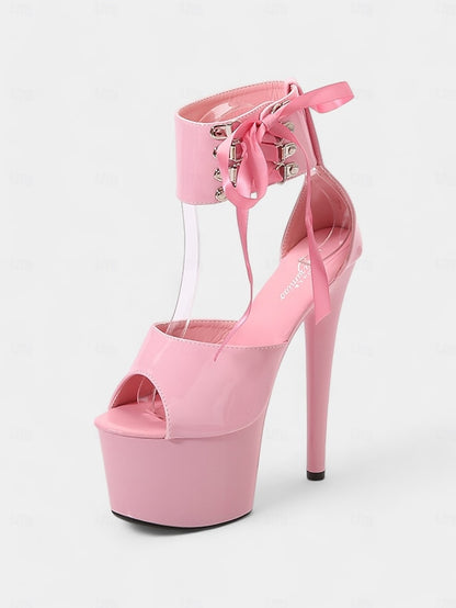 Black Patent with Platform Sandals Leather Ankle Straps Lace-Up