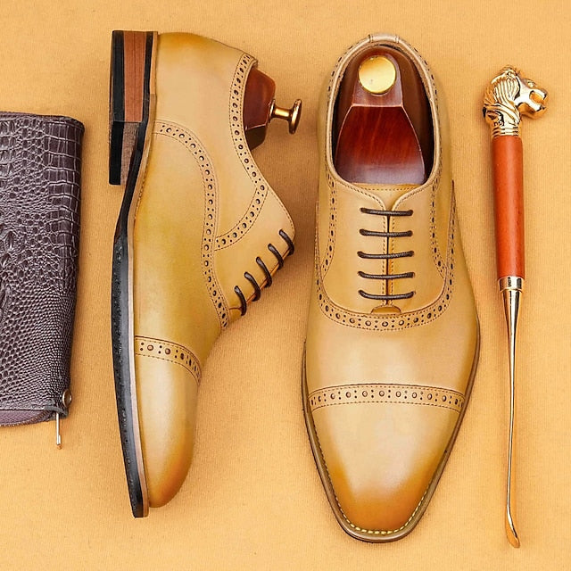 with Leather Men's Light Genuine Brown Oxford Shoes Wingtip